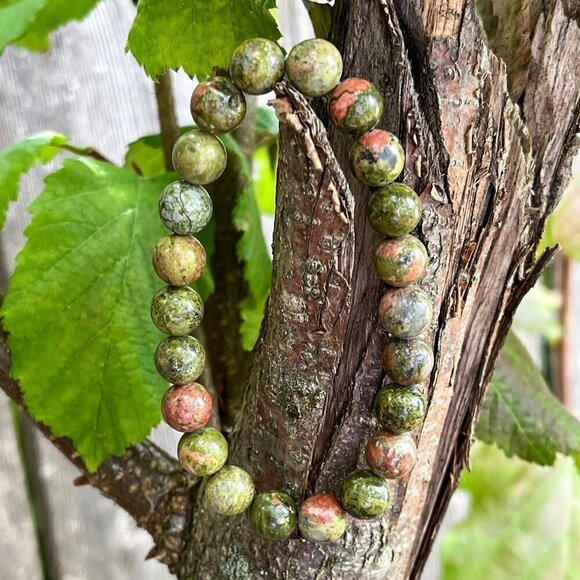 Unakite Gemstone Stretch Bracelet | Handmade - Picture 4 of 4